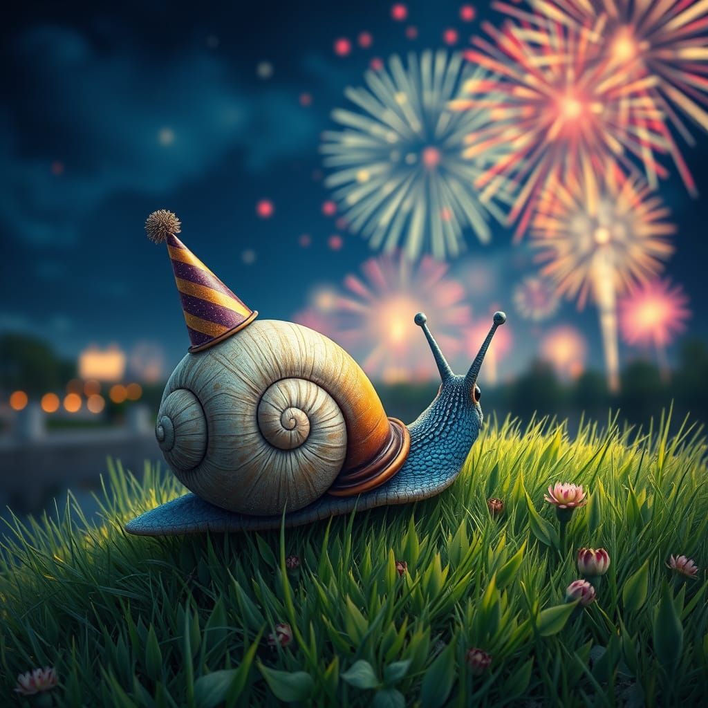 Blue Snail Celebrates with Fireworks