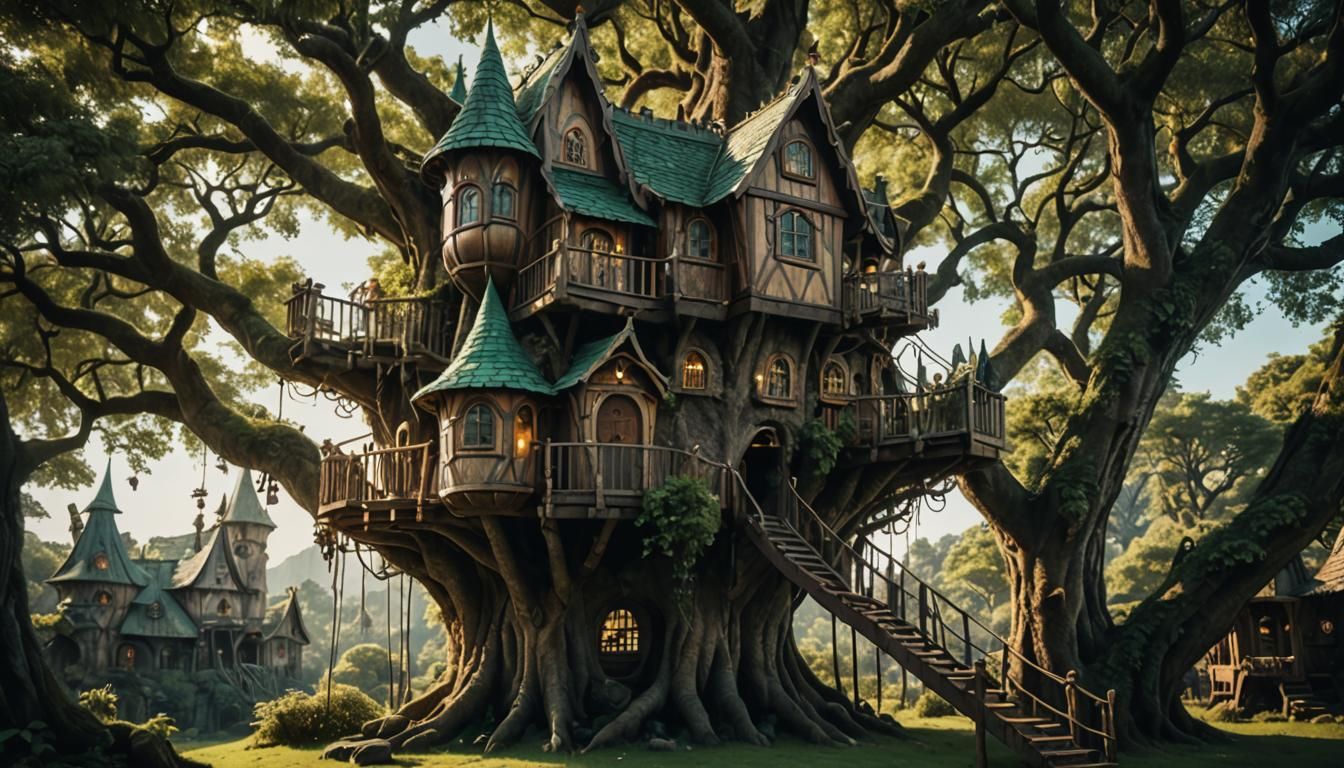 Dramatic Elf Treehouse in Cinematic Style