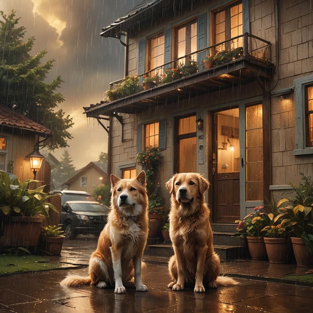 Dog and Cat in Rain: Fantasy Concept Art