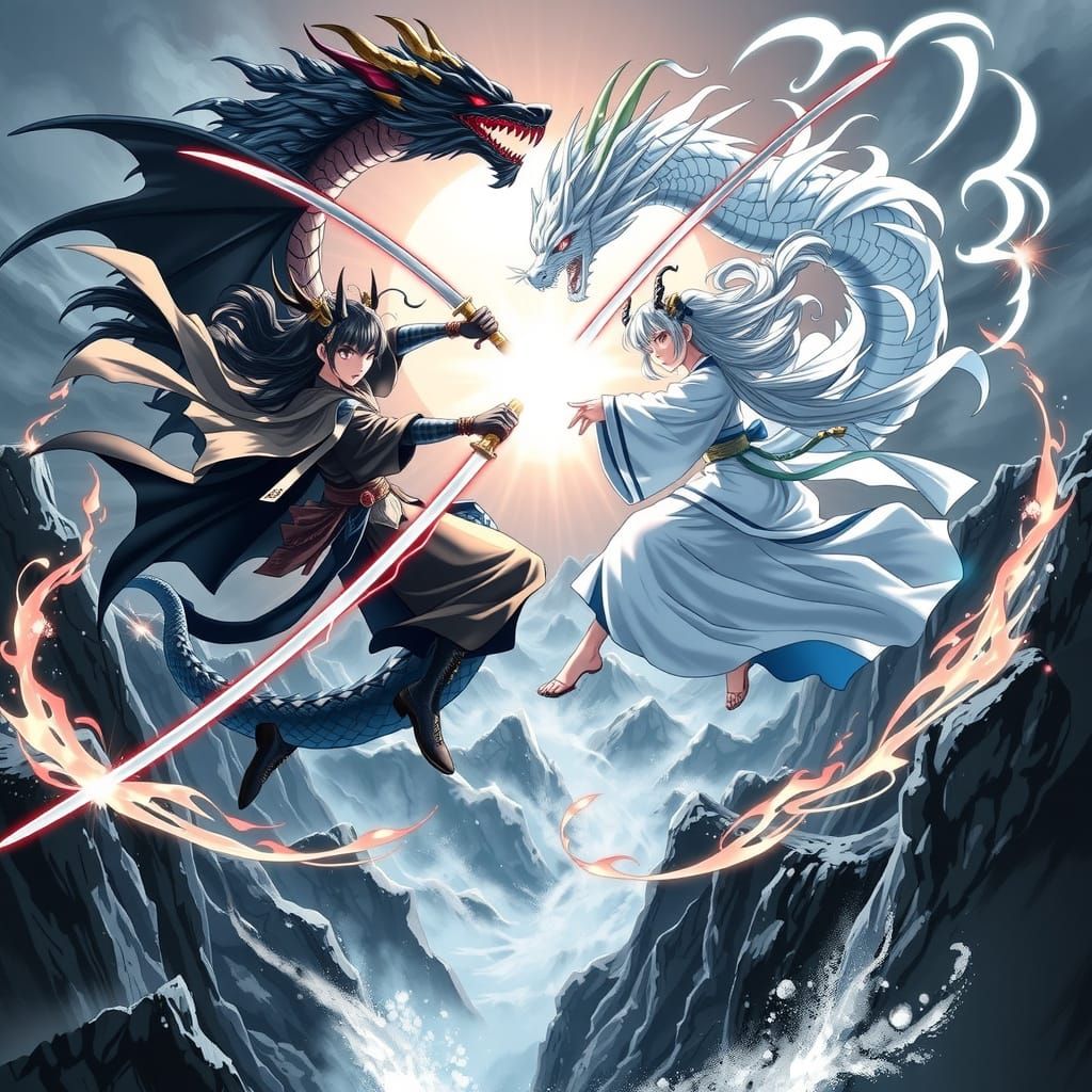 Yin Yang Sword Maidens Duel in Anime Battle