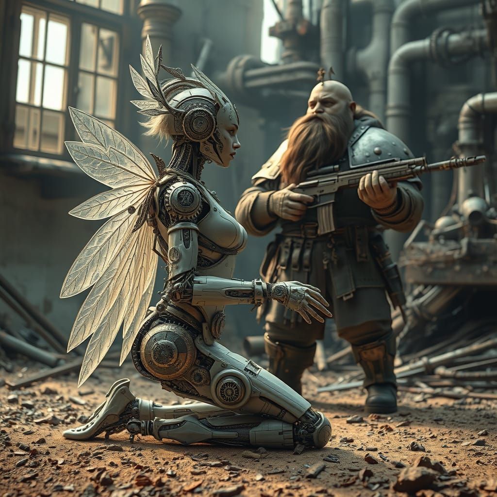 Cyborg and Dwarf in Steampunk Ruins