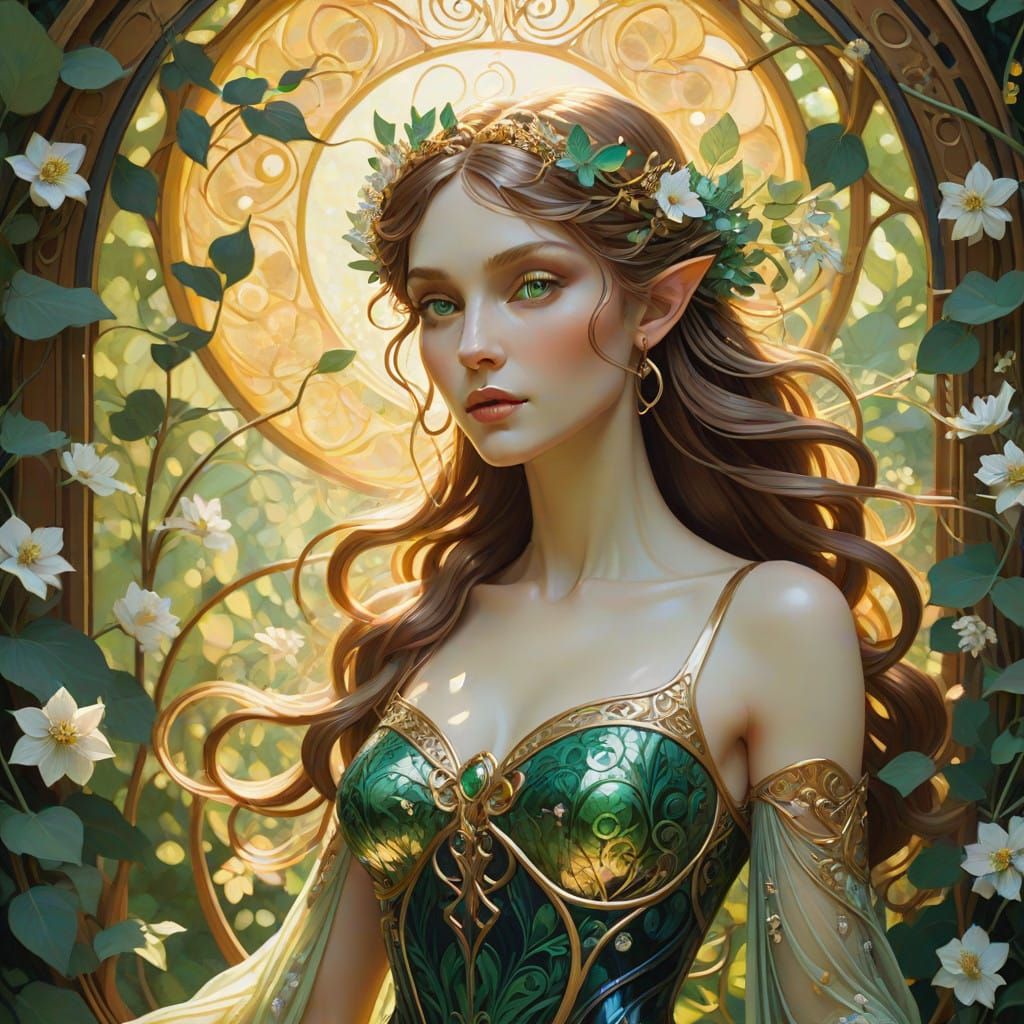 Enchanted Woodland Nymph in Art Nouveau Style