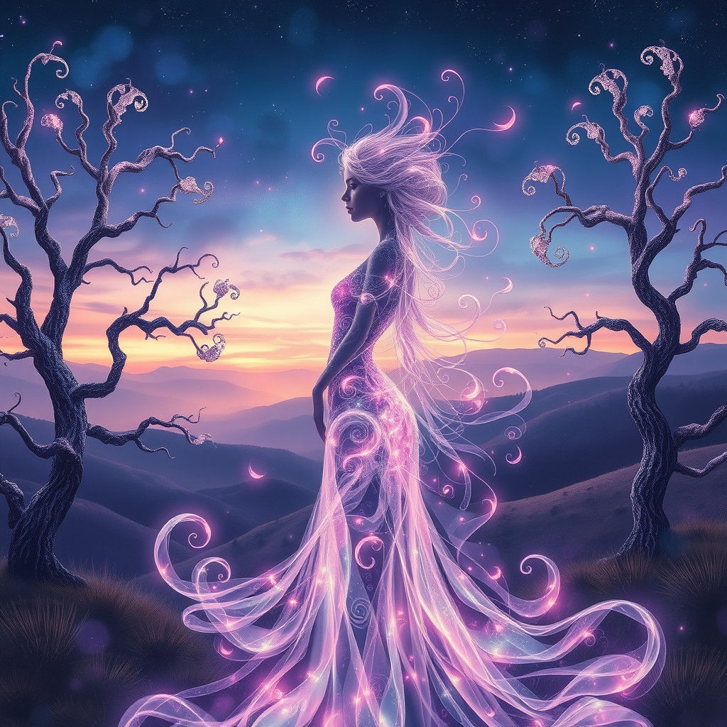 Ethereal Mist Woman in Dreamlike Landscape