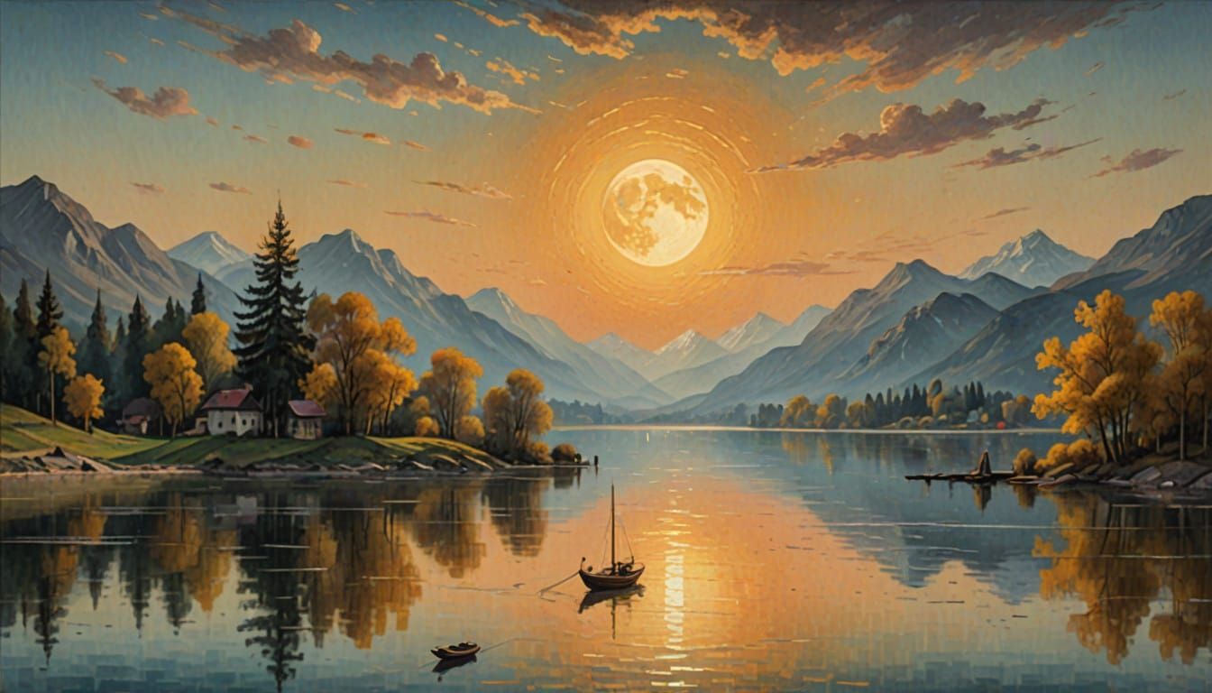 Golden Hour Lake Scene in Romanticist Style