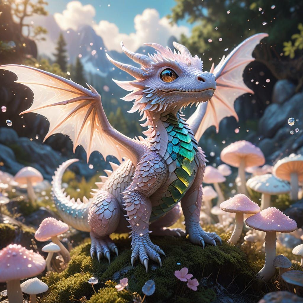 Whimsical Fantasy World with Baby Dragon and Glowing Crystal...