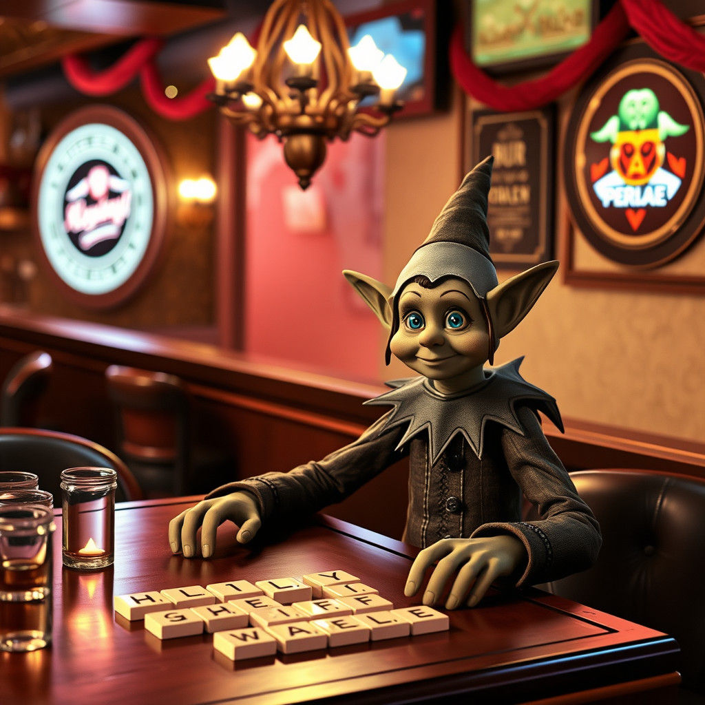 Elf at Pub with Lettered Tiles