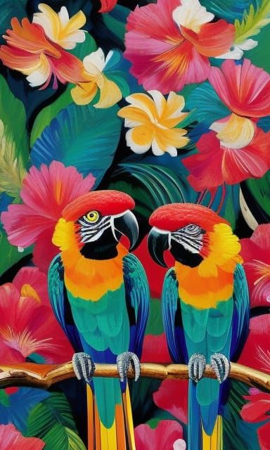 Macaws in Tropical Colors: Fauvist Acrylic Painting