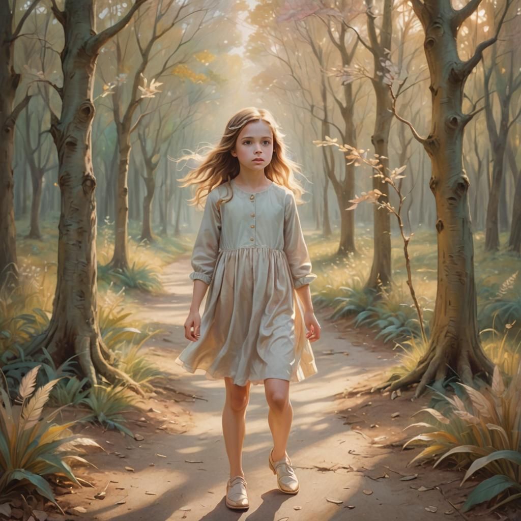Girl Listens in Dreamy Forest, Surreal Whimsy Art