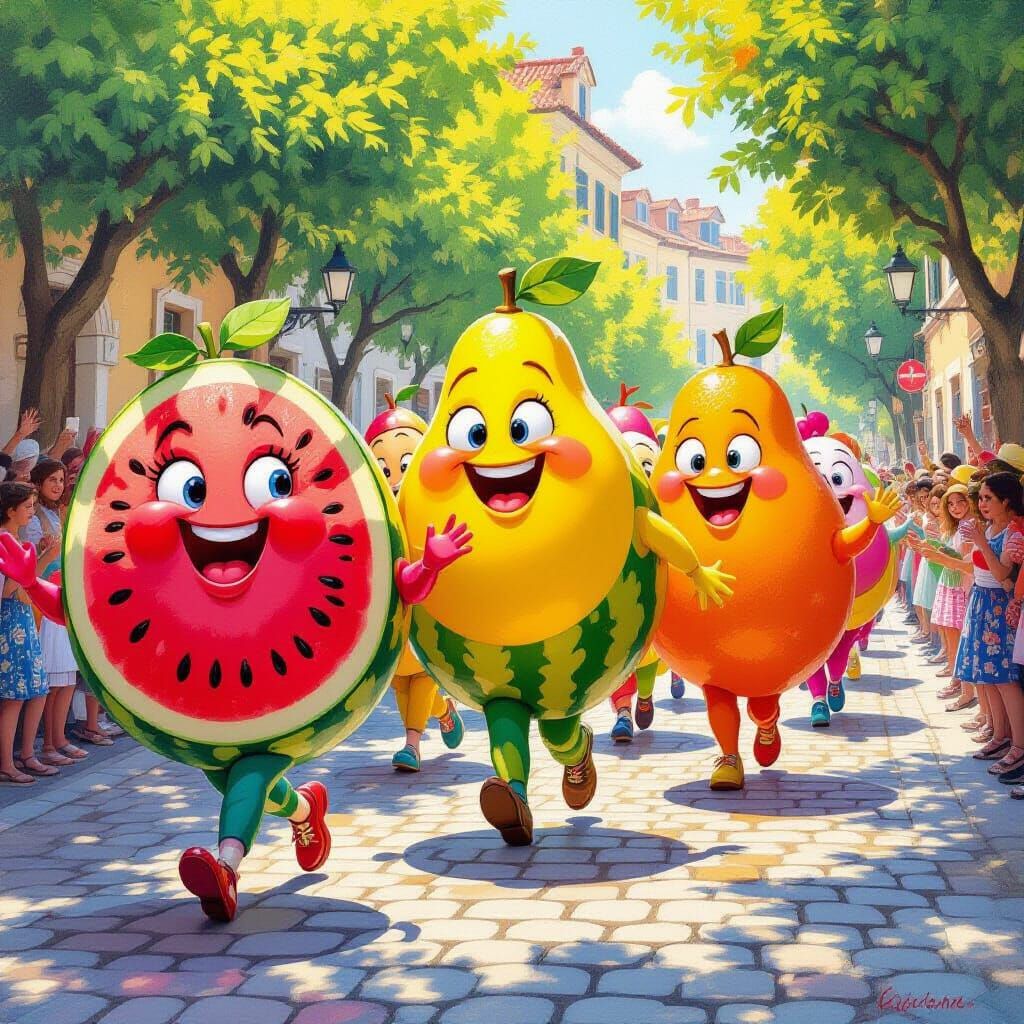 Vibrant Fruit Parade Dancing on Cobblestone Street Painting