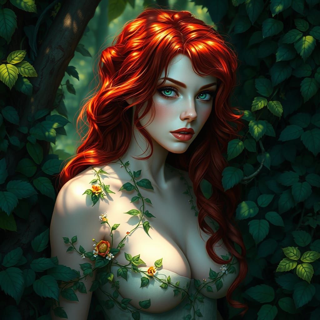 Ethereal Goddess of the Ancient Forest in Luminous Red Hair