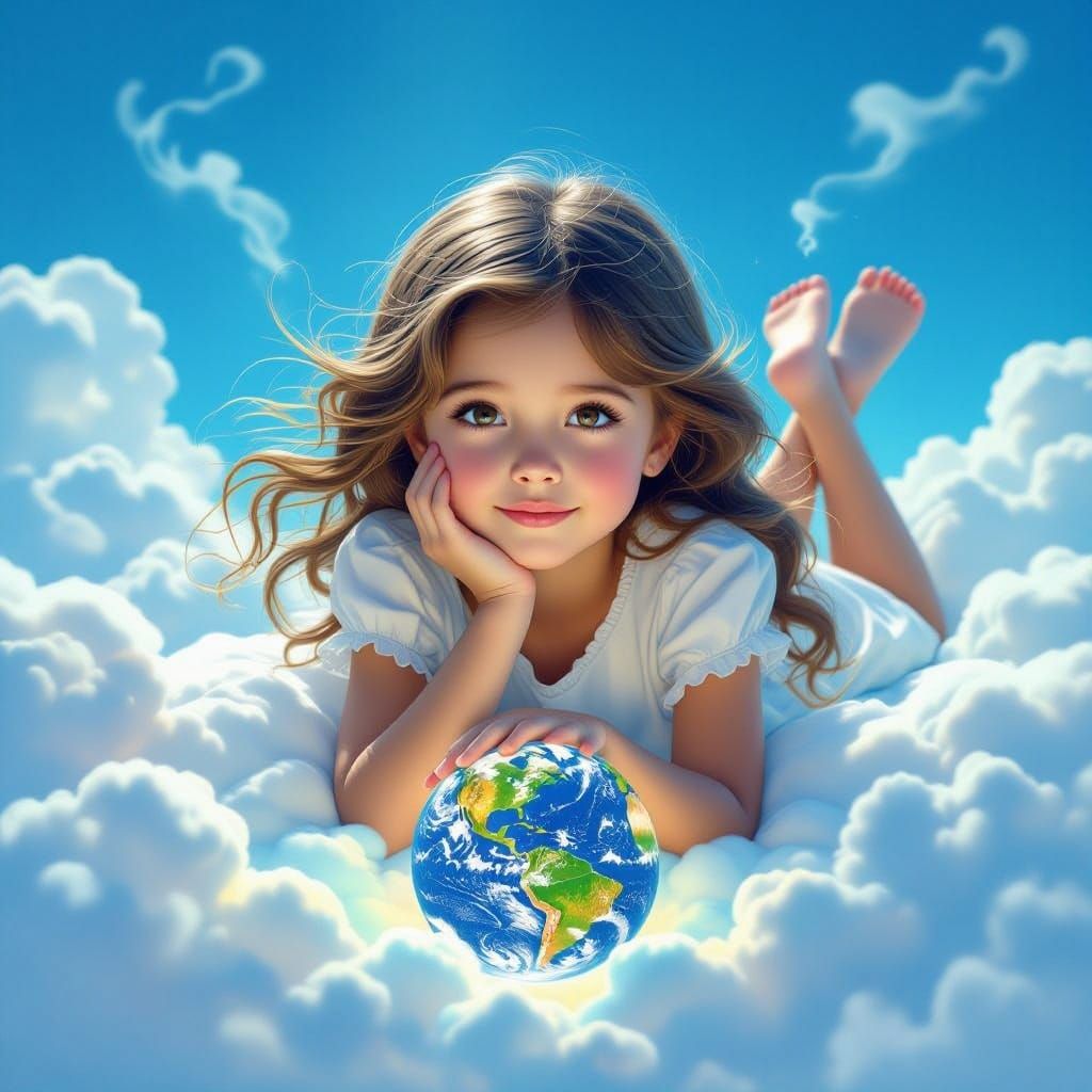 Girl on Clouds Gazing at Luminous Globe