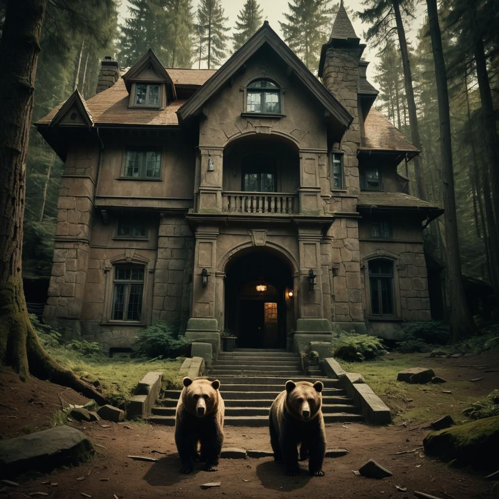 Bear at Forest Mansion in Film Noir Style