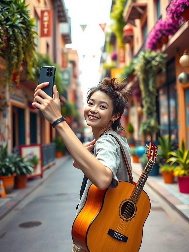 Young Adult Takes Selfie with Guitar in Maximalist City Stre...
