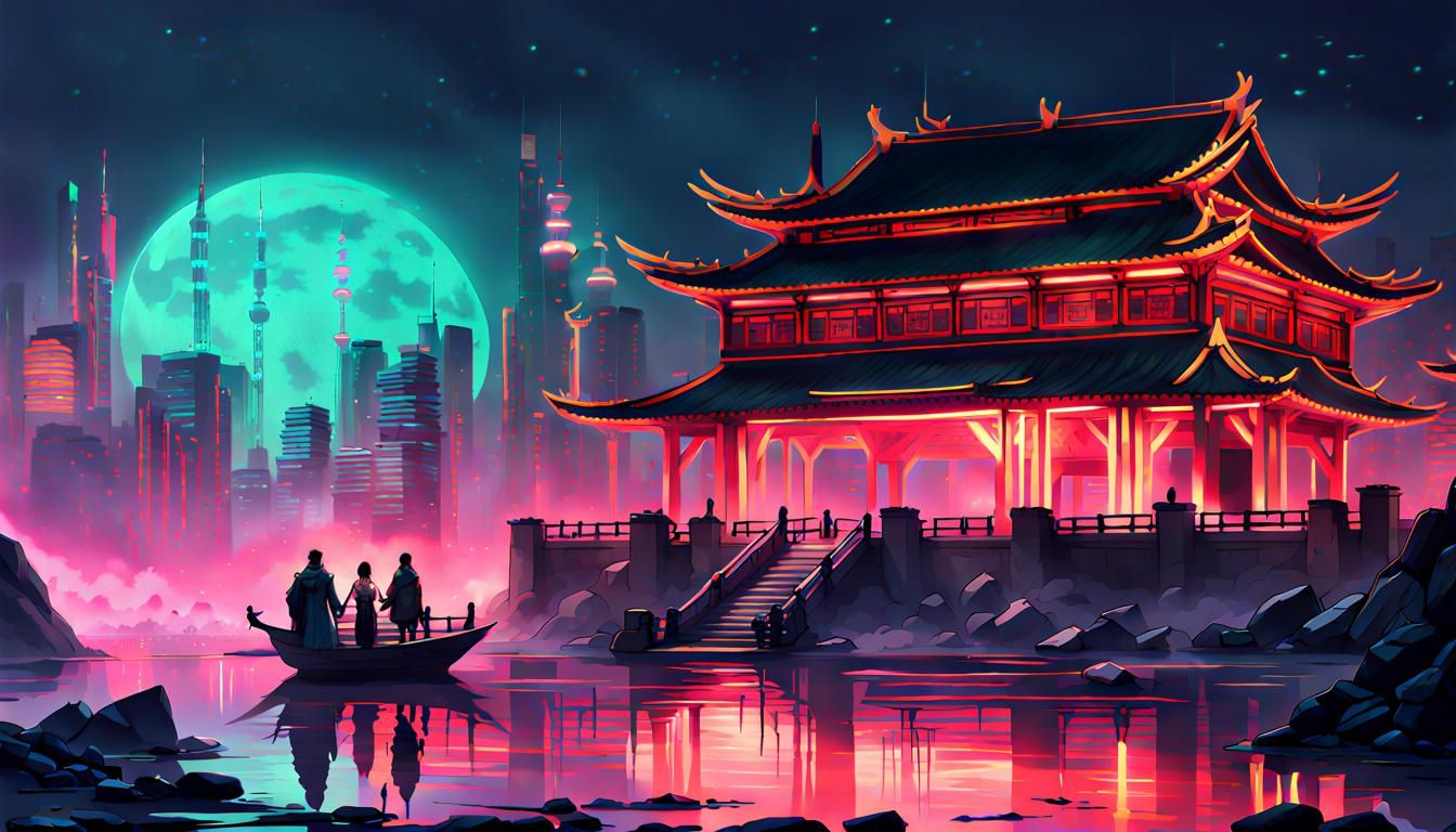 Cyberpunk Chinese Palace with Ospreys and Flute