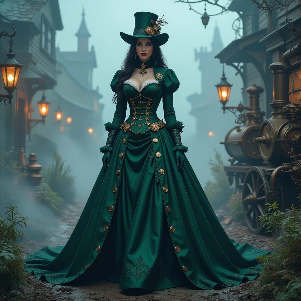 Steampunk Witch in Halloween Scene with Victorian Machinery