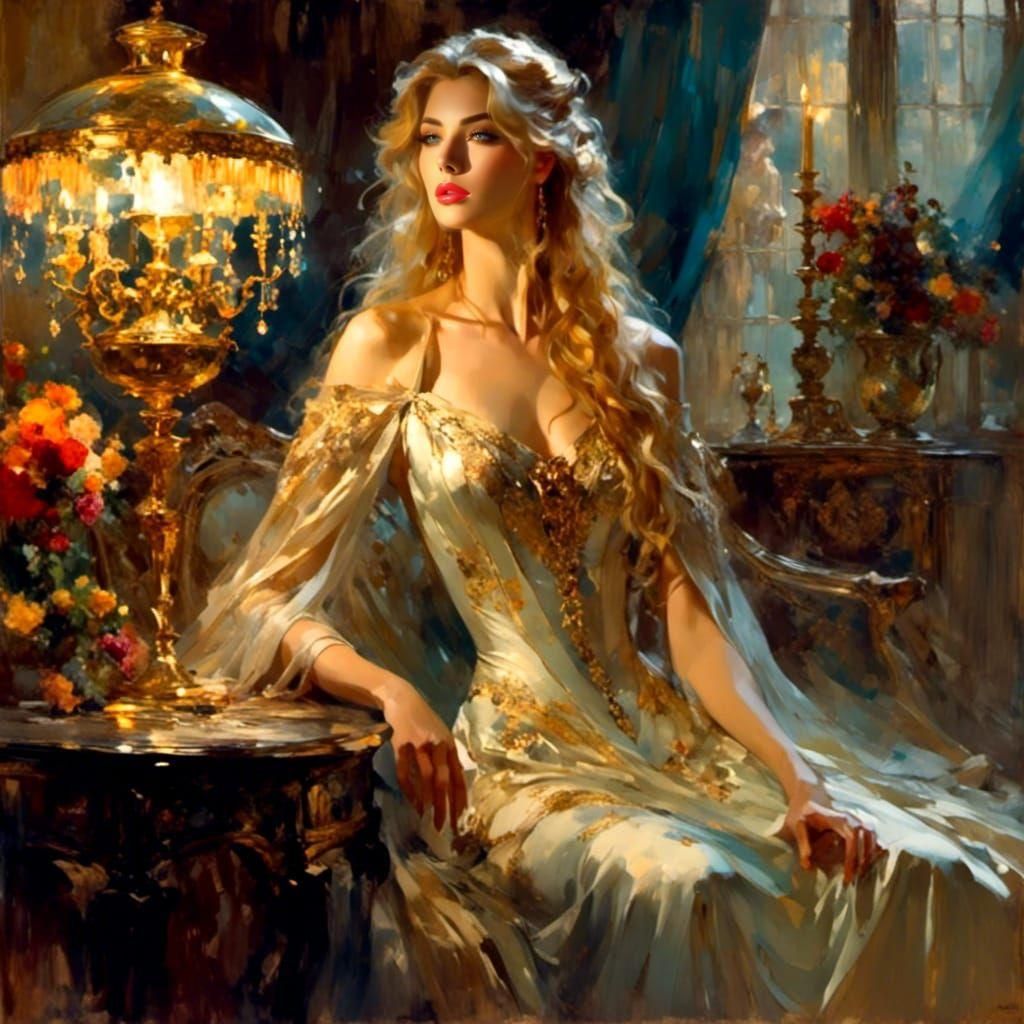 Sublime Woman in Ornate Room, Digital Painting