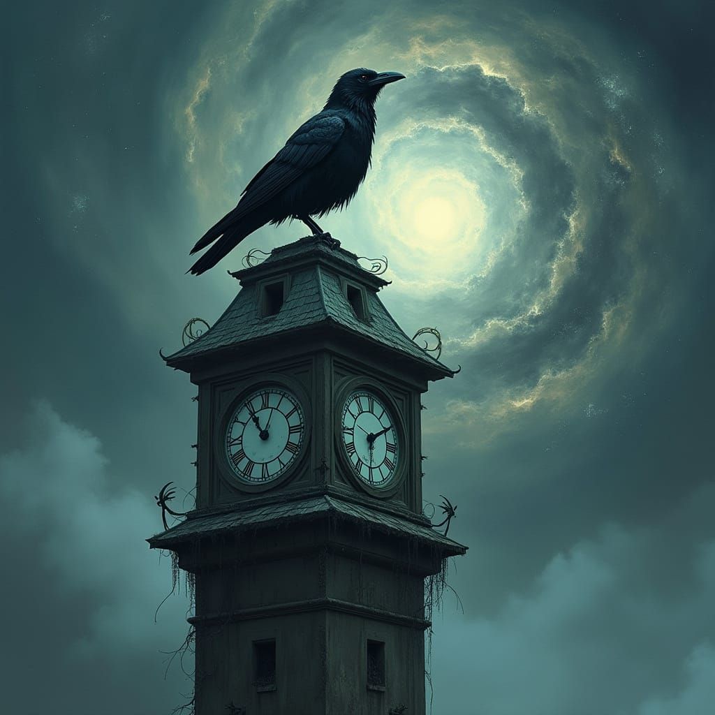 Raven on Cosmic Clock Tower in Gothic Surrealism