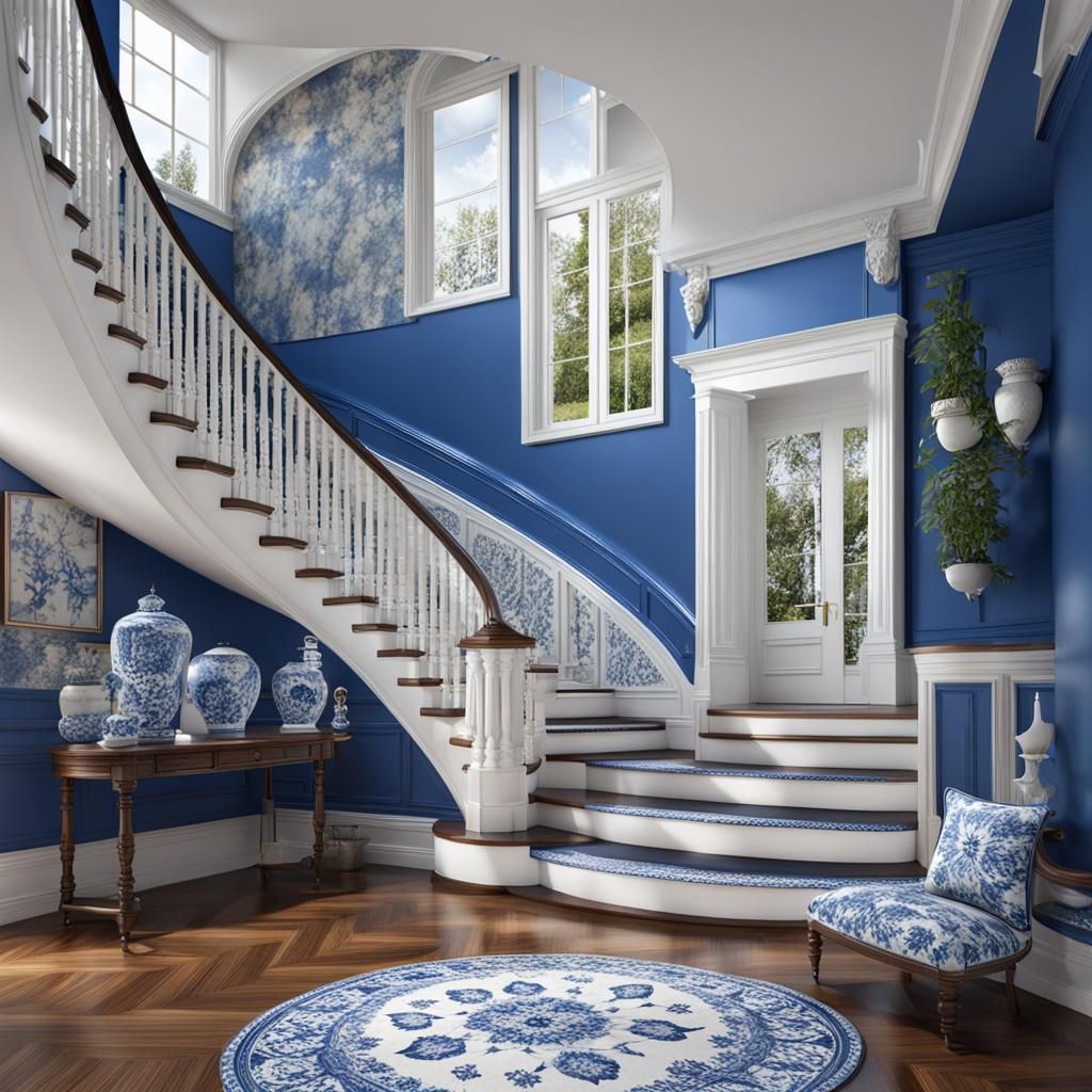 Blue and White Foyer with Staircase
