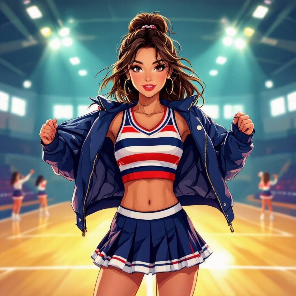 Cheerleader Reveals Sweater in Vibrant Gymnasium Illustratio...