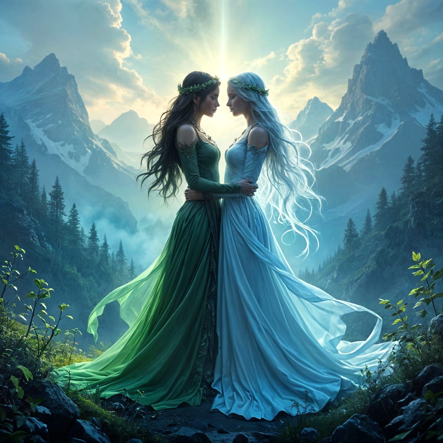 Sister Goddesses of Forest and Ice in Luminous Mountain Real...