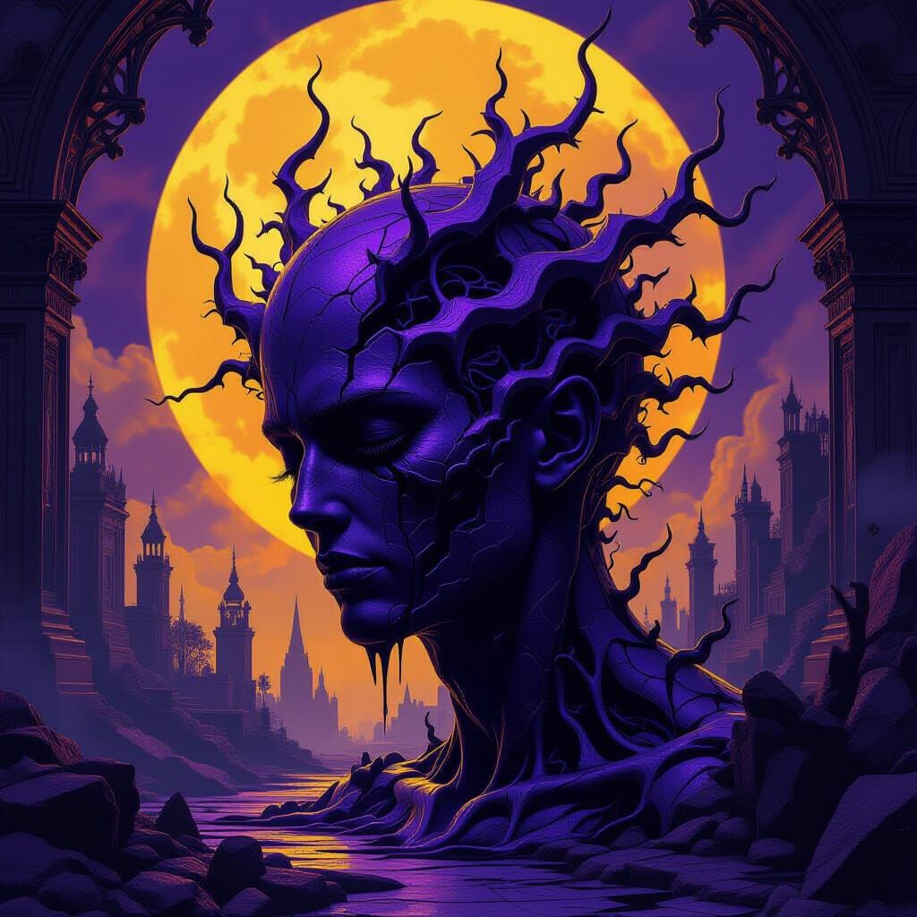 Shattered Mind in Dark Fantasy Realm with Purple & Yellow Hu...