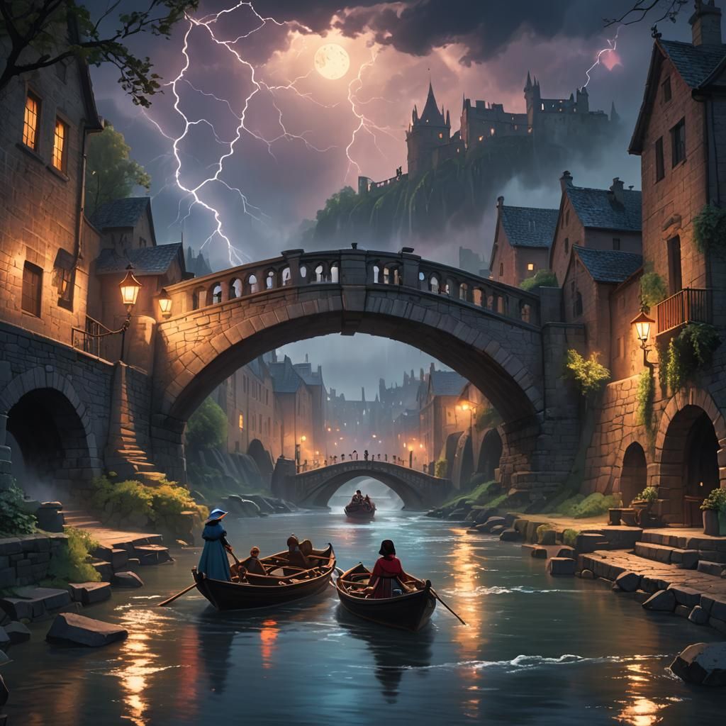 Woman in Boat Under Stormy Bridge, Pixar Style