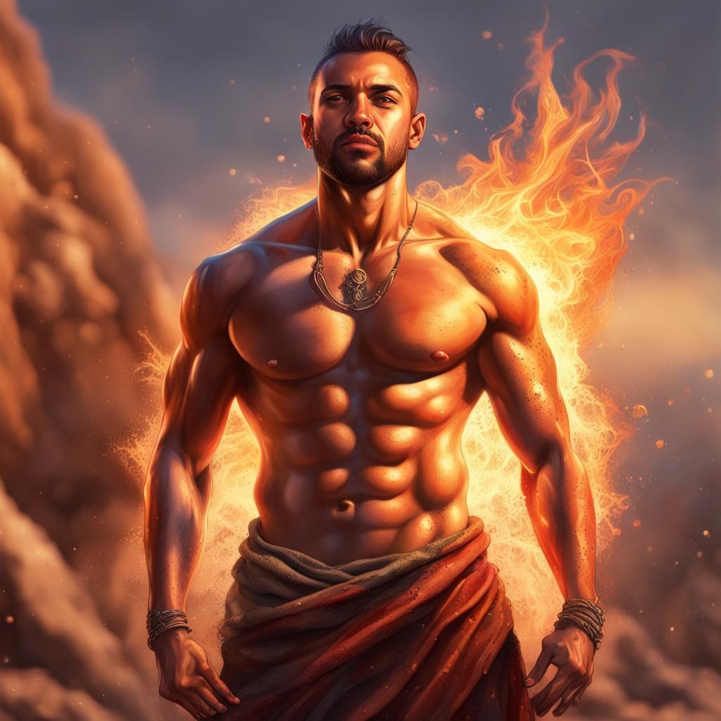 Muscular Man with Magic Fire and Sun