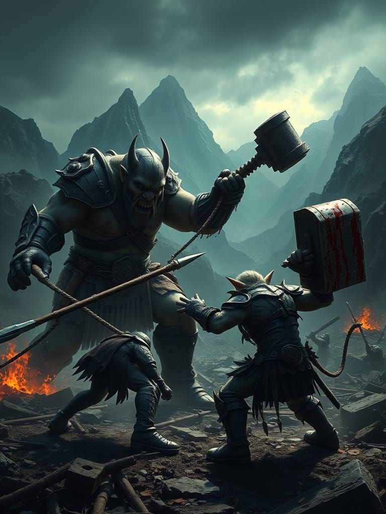 Goblins and Orcs Clash in a Dark, Menacing Mountain Range