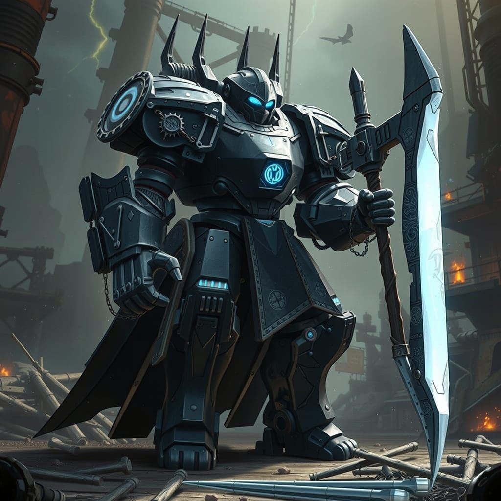 Biomechanical Knight Wields Scythe of Blue Energy in Futuris...