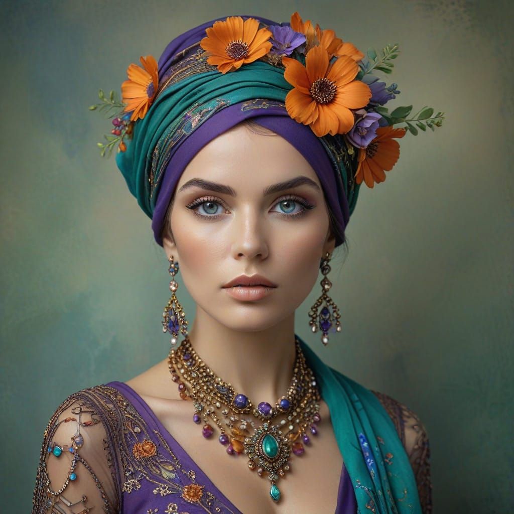 A Modernist Woman's Elegant Portrait in Soft Blues and Earth...