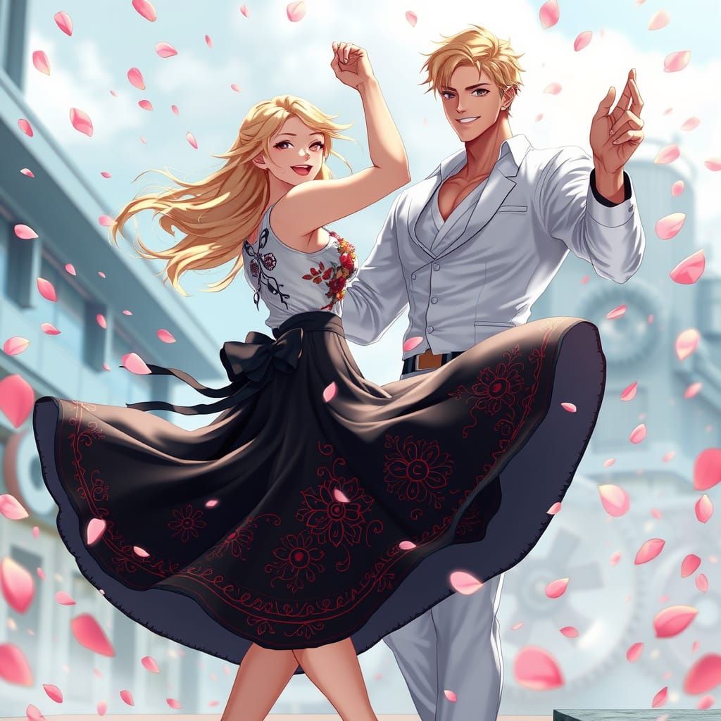 Elegant Couple Dances Amidst Whimsical Bloom