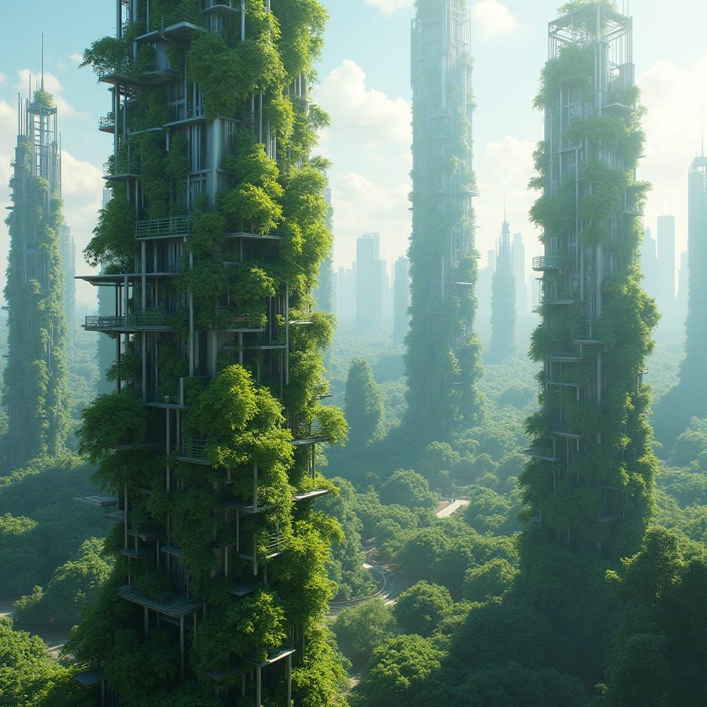 Utopian Cityscape: Bio-Engineered Skyscrapers in Anime Style