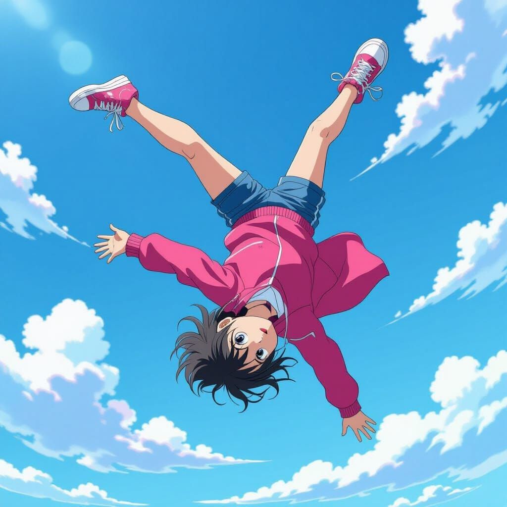 Anime Girl Backflip in Vibrant Sky