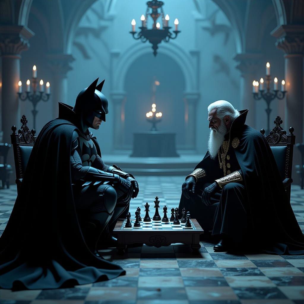 Batman and Ra's al Ghul Play Chess, Noir Style