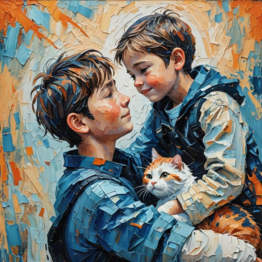 Expressive Kid Hugs Cat in Neo-Impressionism Style
