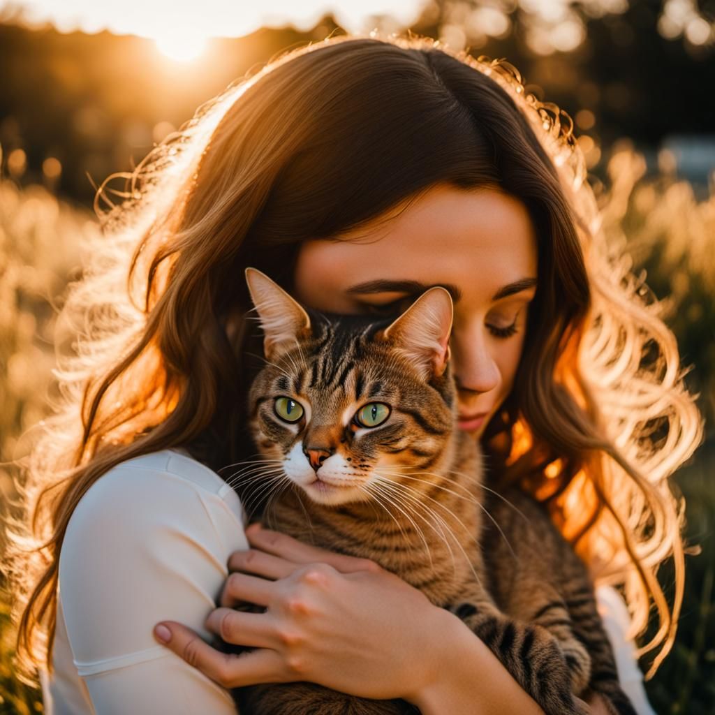 Girl Cuddling Cat in Golden Hour Light