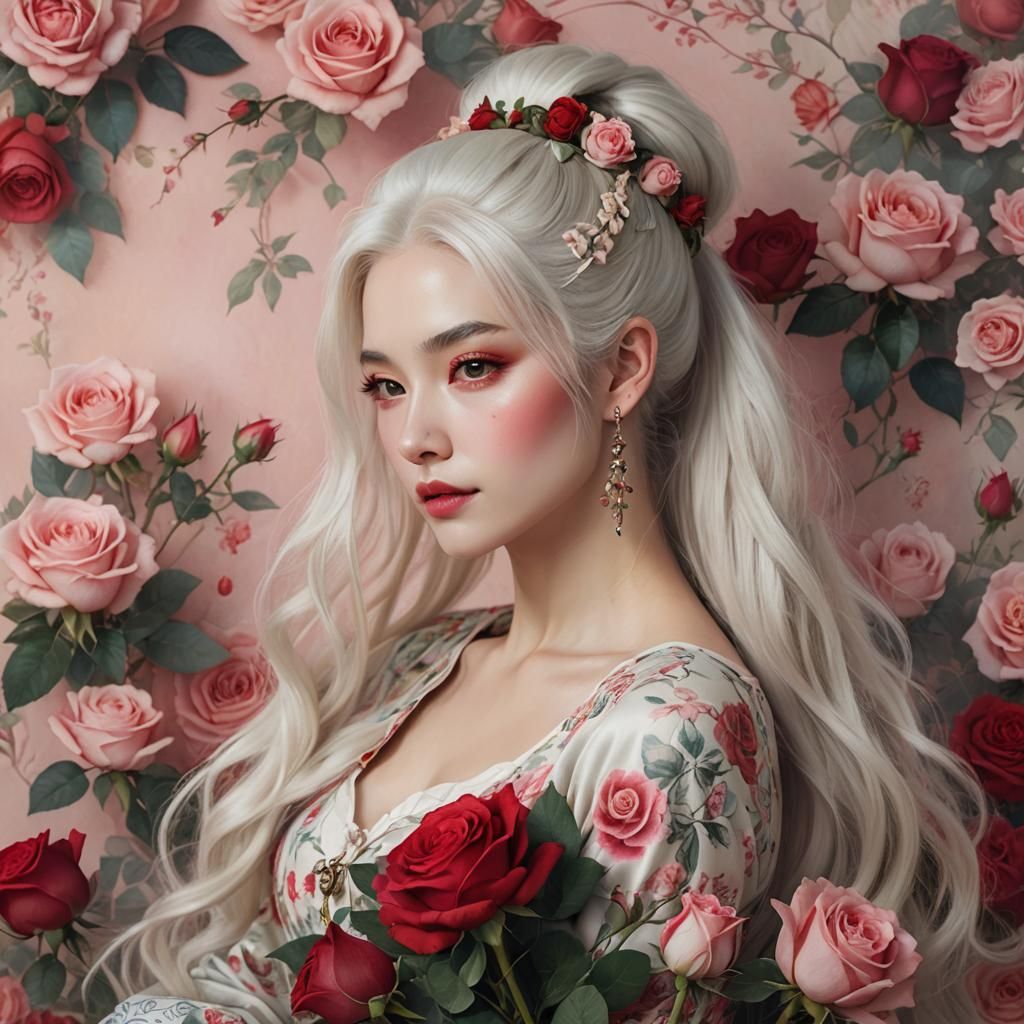 A serene woman with porcelain skin and long white hair, tied...