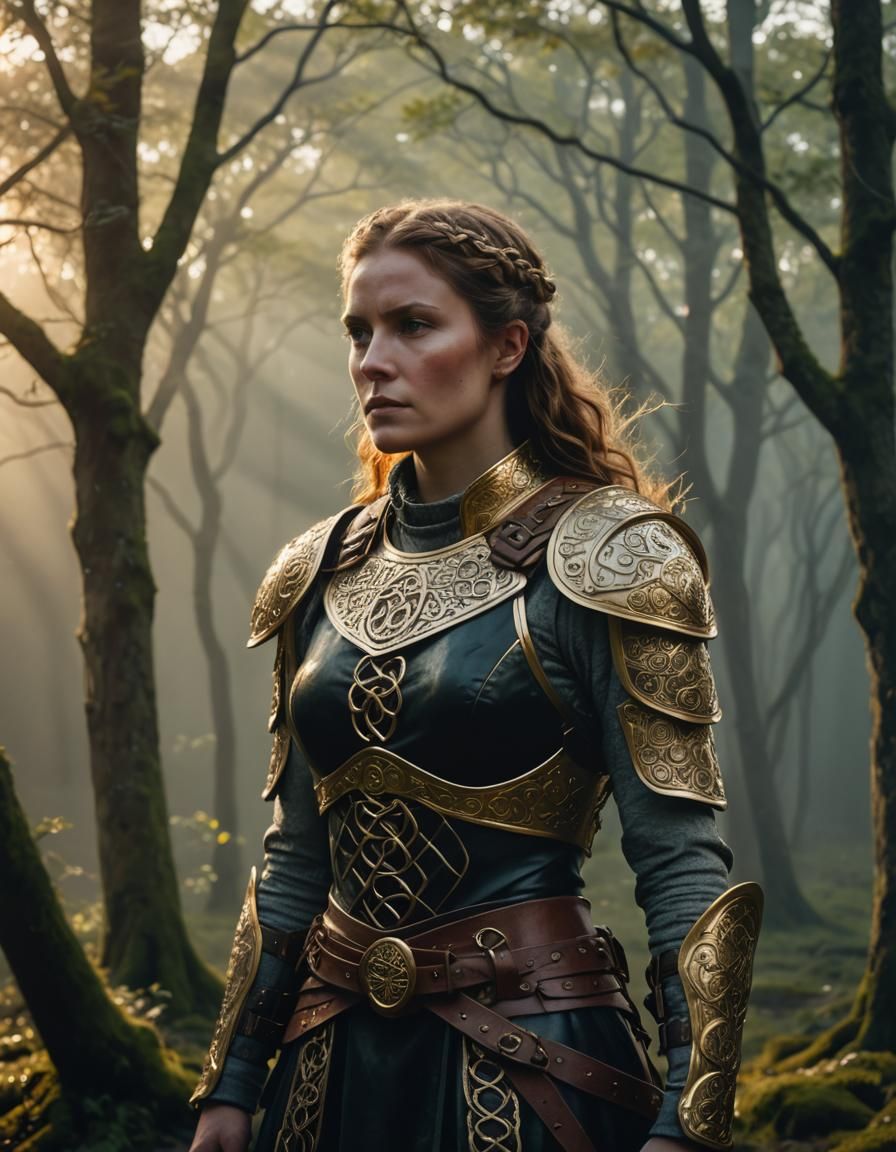 Celtic Warrior Queen in Misty Forest, Fantasy Art