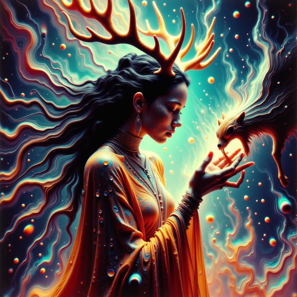 Ethereal Ojibwe Deer Woman in Shimmering Buckskin Amidst Whi...