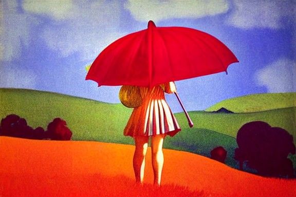 Woman with Red Umbrella in Autumn Landscape
