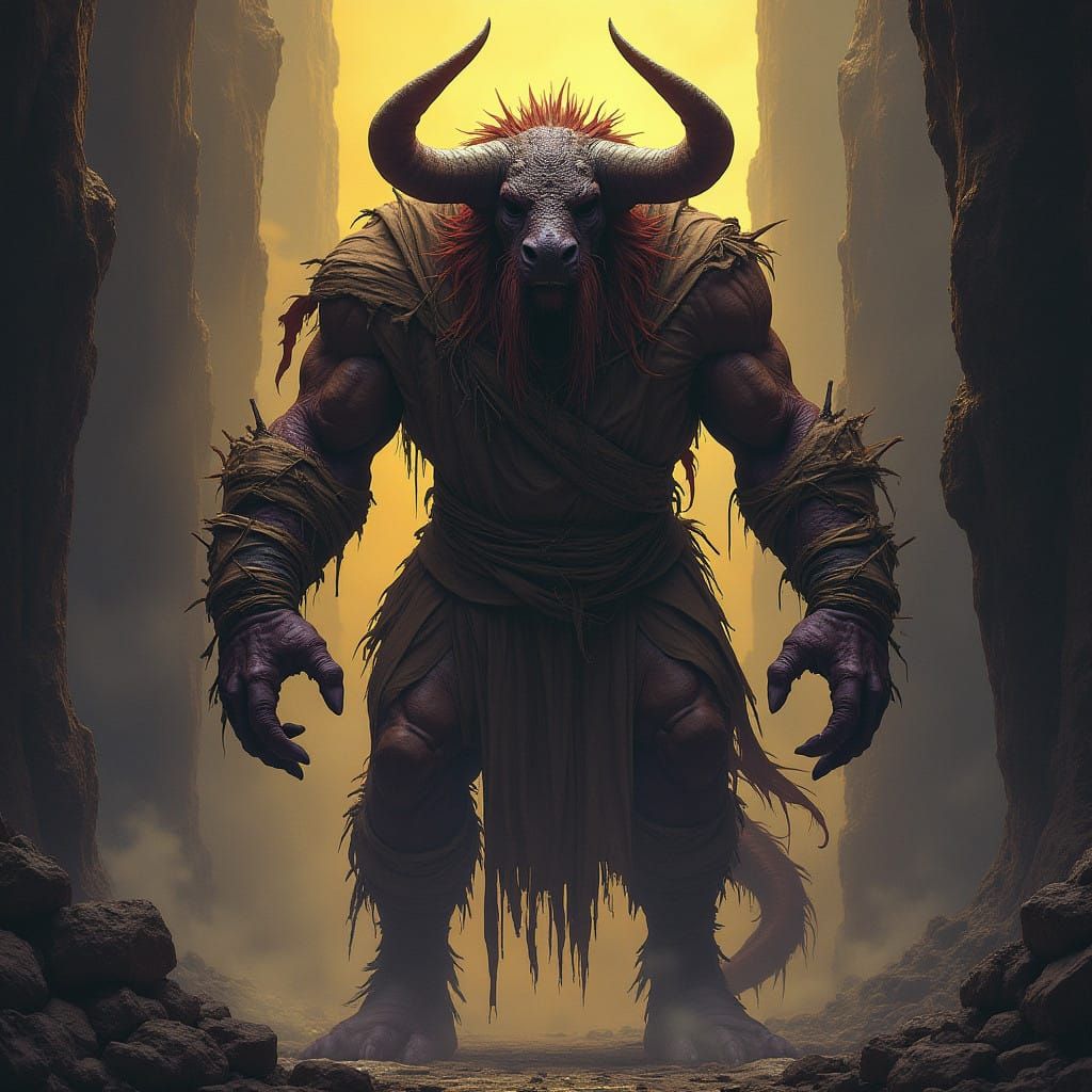 Heroic Mummified Minotaur in Dark Fantasy Style