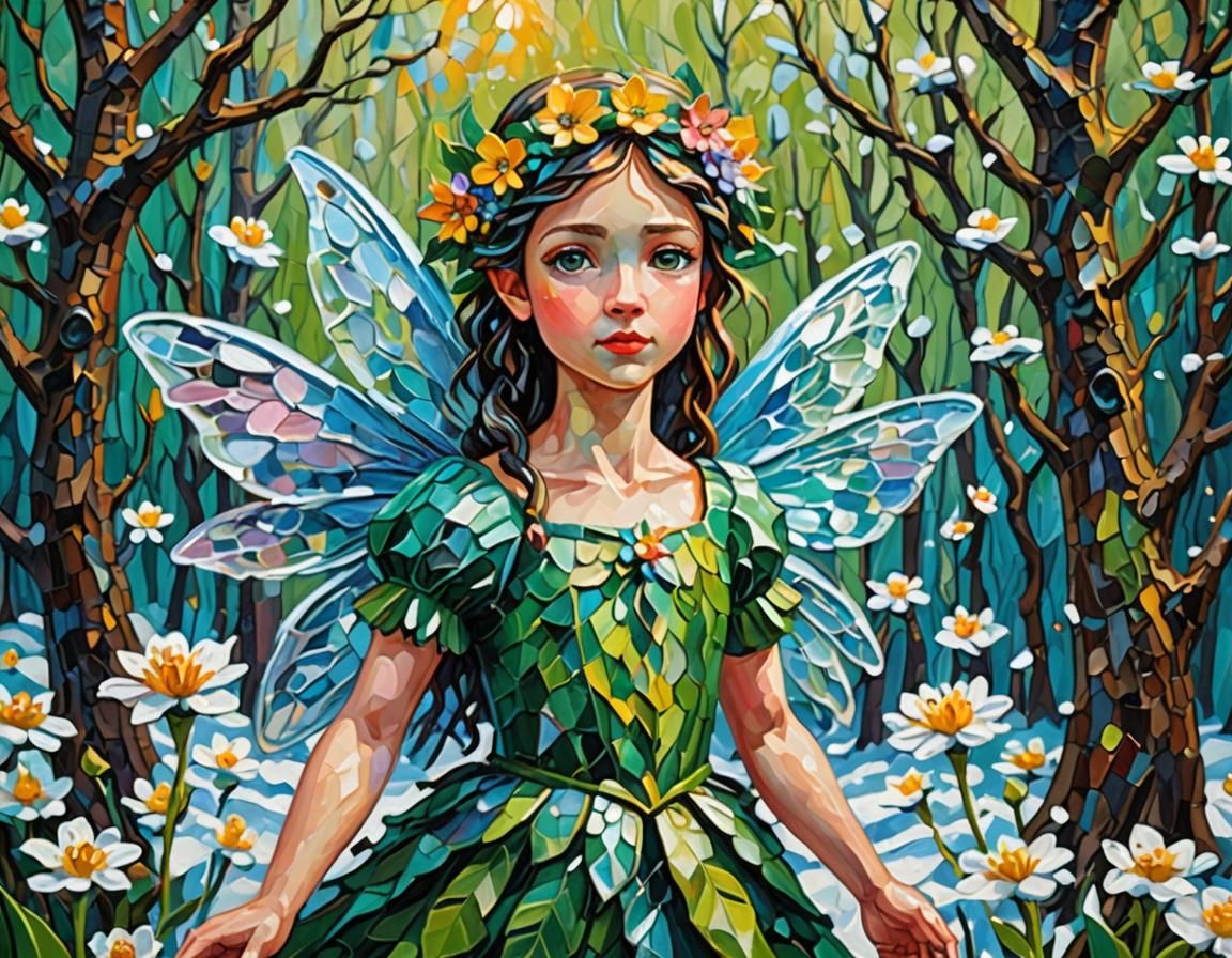 Spring Fairy in Enchanted Forest, Neo-Impressionist Style