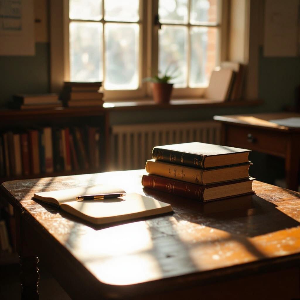 Cinematic Teacher's Desk in Warm Sunlight