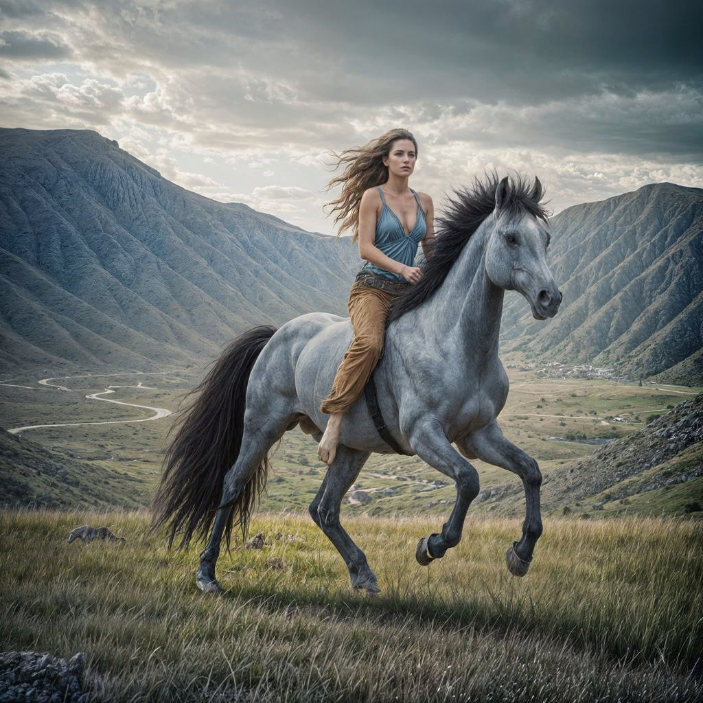 Woman Rides Blue-Grey Horse in Ancient Greece Landscape