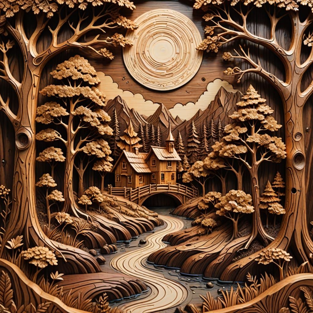 Whimsical Wooden Landscape Carving in Fantasy Style