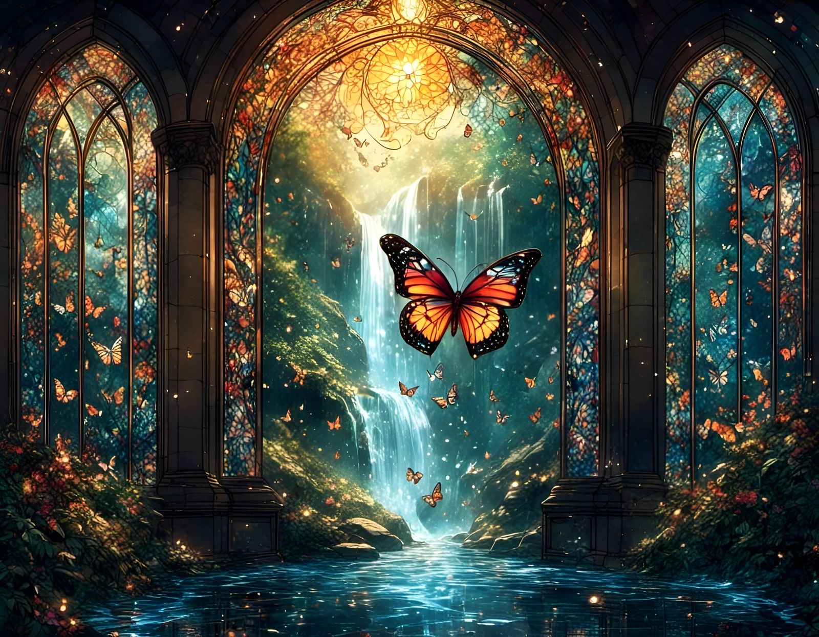 Butterfly Waterfall Stained Glass in Gothic Style