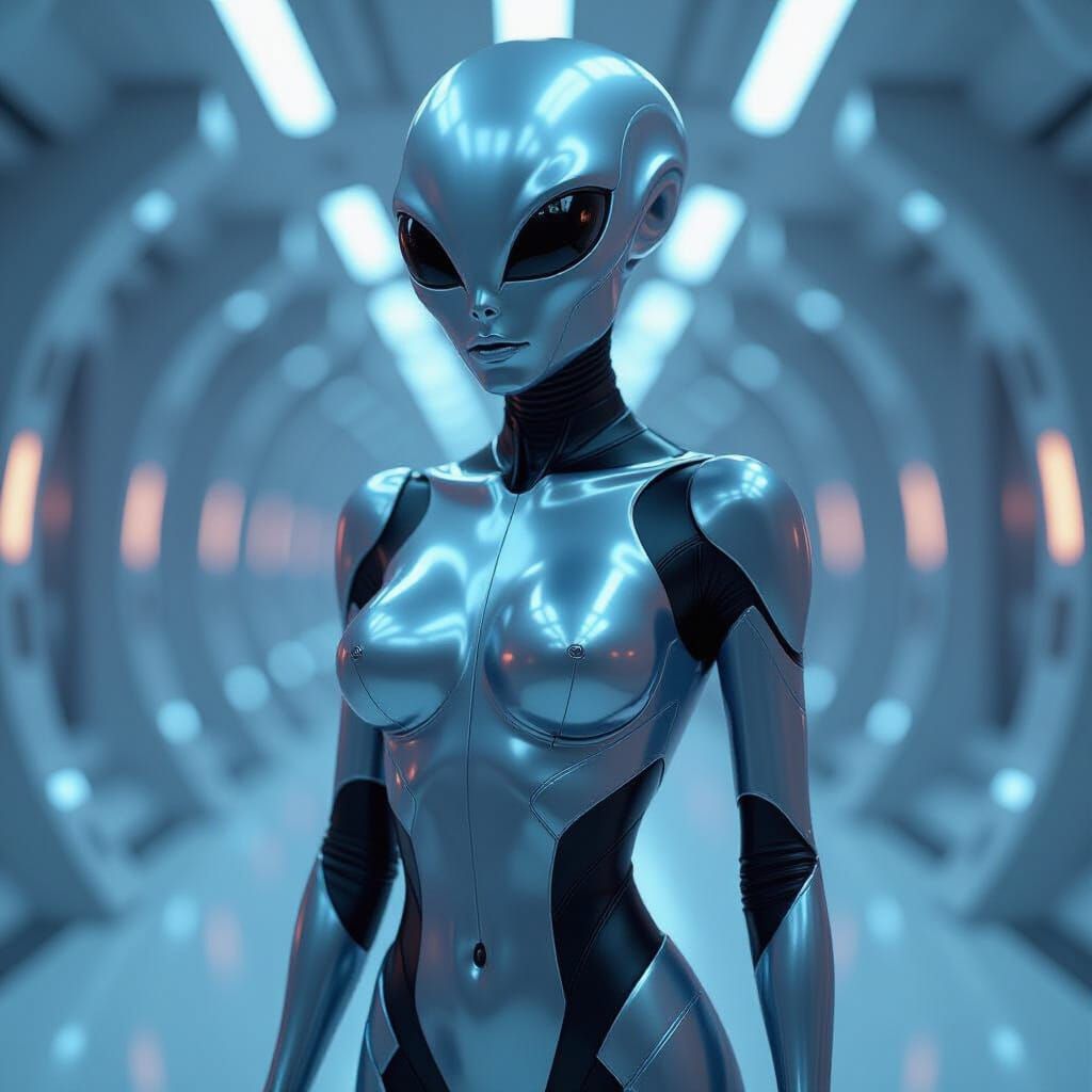 Chrome Alien in Futuristic Sci-Fi Environment
