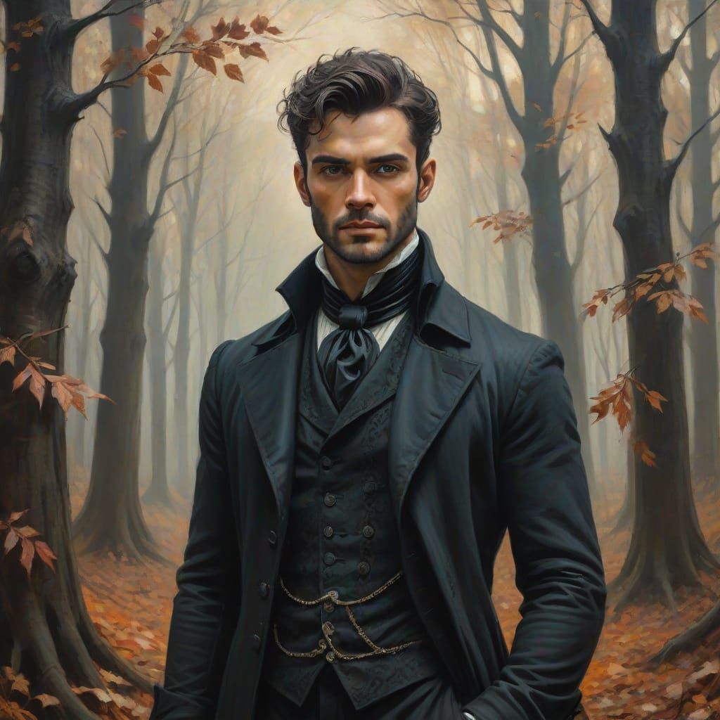 Gothic Autumn Forest Man in 1800s Fashion