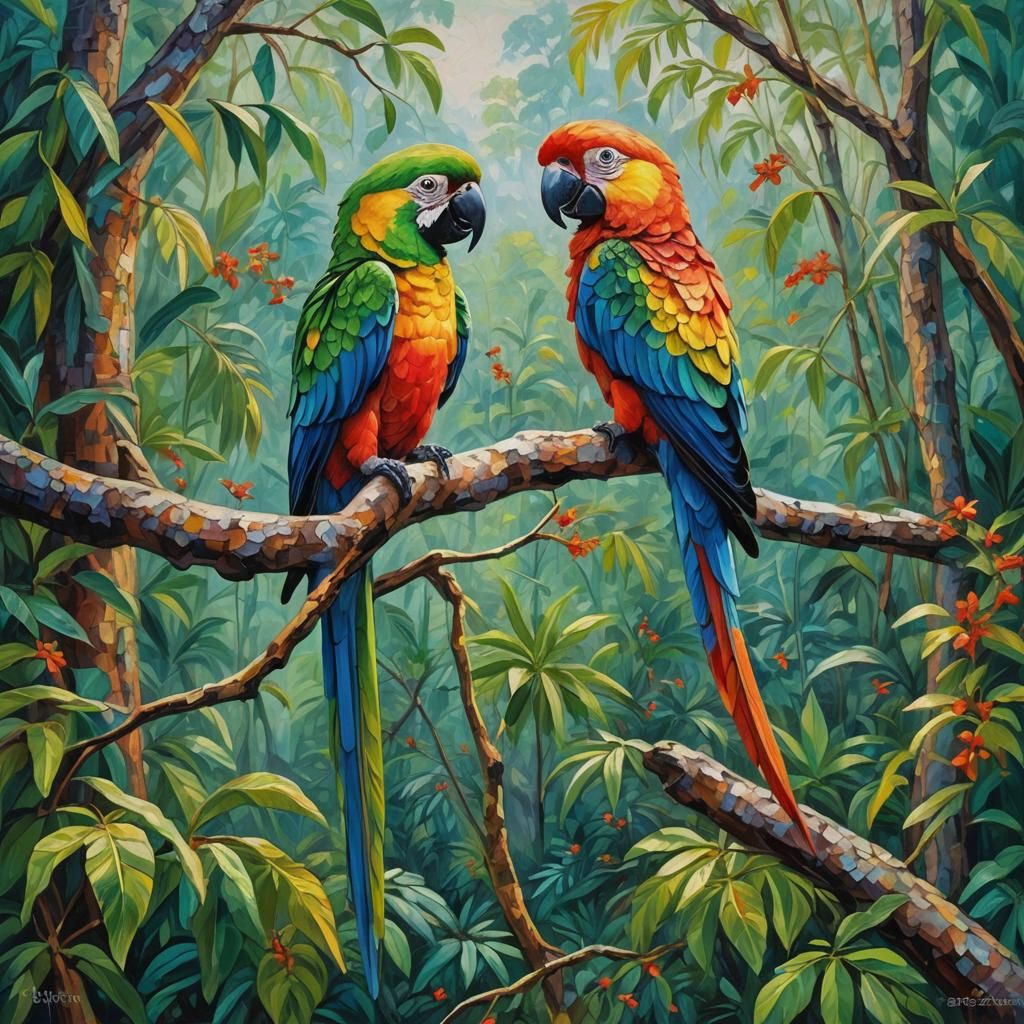 Parrot in Chiapas Jungle, Expressionist Oil Painting