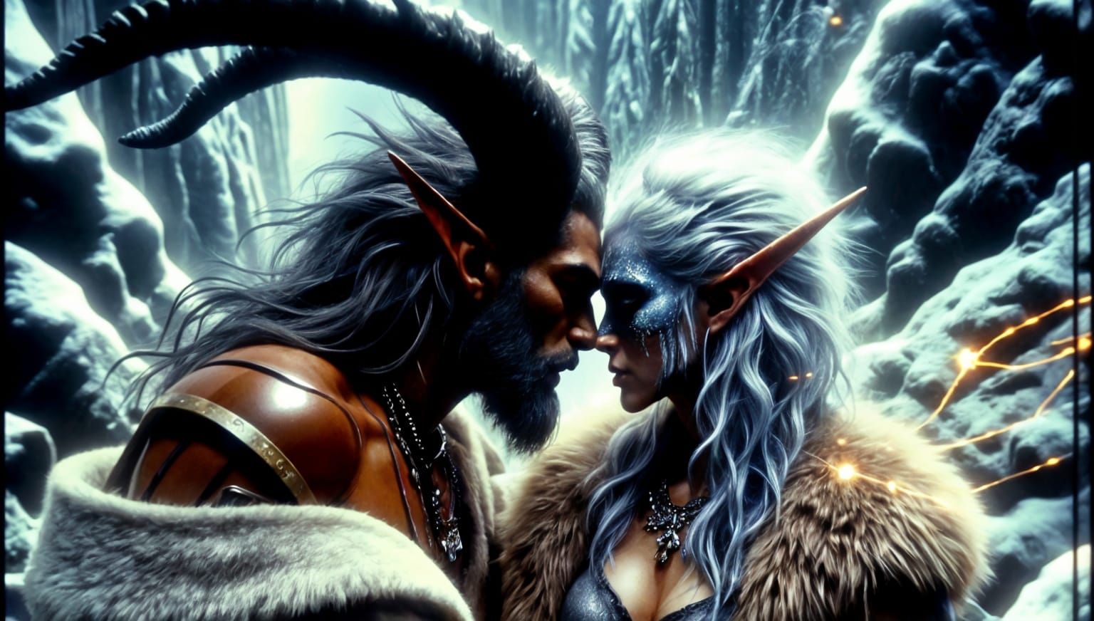Ethereal Forest Deity and Angelic Lover in Winter Embrace